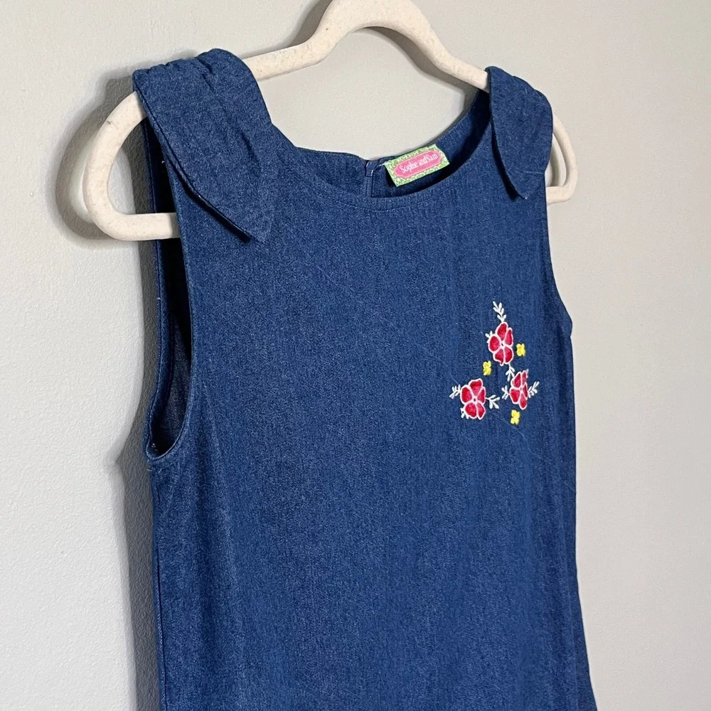 Sophie and Sam Girls‎ Denim Dress Floral Embroidered Sleeveless Size 14Y Blue